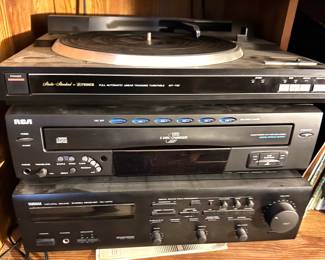 3-Component Stereo System Stack: Akai Full Automatic Linear Turntable, RCA RP-8070D 6-Disc CD Changer, YAMAHA Natural Sound Stereo Receiver/Amplifier