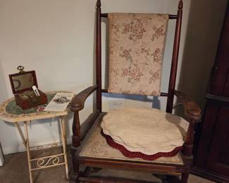 Antique Wooden Platform Rocking Chair with Turned Spindles and Floral Upholstery