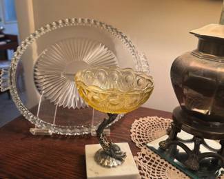 Amber Glass and Brass Dolphin Pedestal Compote Dish with Marble Base