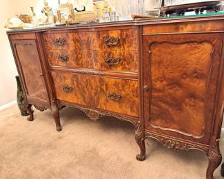Romweber Chippendale/French Provincial Louis XV Burl Wood Sideboard with Ornate Carvings and Brass Hardware with Protective Glass Top