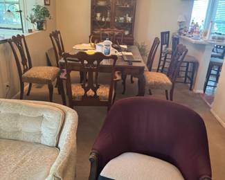 Traditional Carved Wood Dining Table with Six Upholstered Dining Chairs