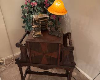 Antique Copper-lined Smoking Stand/Humidor with Geometric Inlaid Door and Magazine Racks