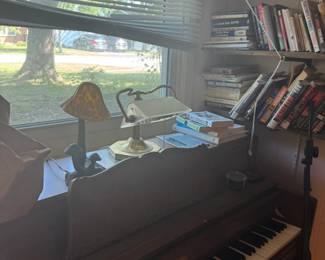 Upright Piano with Bench, Music Books & Decorative Lamps