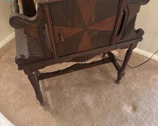 Antique Copper-lined Smoking Stand/Humidor with Geometric Inlaid Door and Magazine Racks