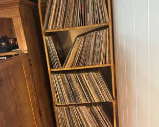 Large Vinyl Record Collection on Rattan Record Storage Étagère