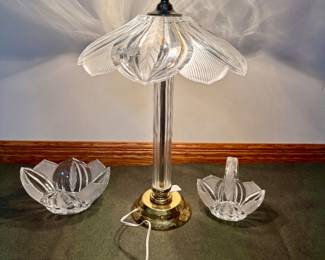 Crystal and brass lamp and matching crystal bowls
