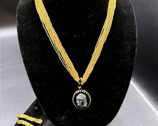 Multi-strand Gold Micro Seed Bead Necklace With Black Cameo Pendant & Trifari Bracelet