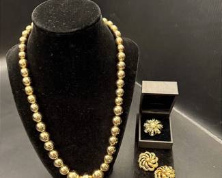 Monet Clip-on Earrings, Monet Necklace & An Adjustable Gold-Toned Faux Pearl & Rhinestone Ring