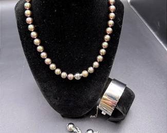 Stylish Lot Featuring Wide Hinged Bangle, Faux Pearl Choker & Silver Ball Drop Clip-On Earrings