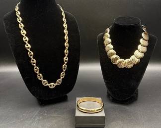 Whiting & Davis Gold-Toned Hinged Bangle Bracelet & Two Gold-Toned Necklaces