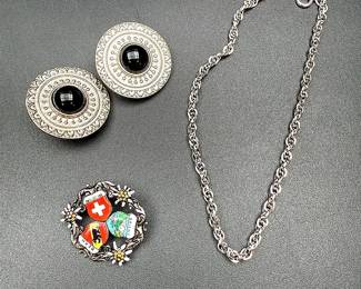 Mixed Silver-toned Lot Including A Pocket Watch Chain, Swiss Alpine Brooch And Clip-On Earrings