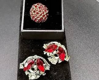 Coro Double-Hinged Cuff Bracelet & Radiant Red Jeweled Ring And Clip-on Earrings
