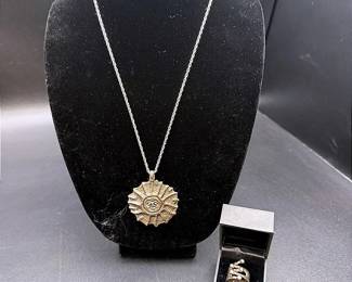 Anna Greta Eker Norway Sterling Silver “Jester” Ring & Silver-Toned Sun Face Pendant Necklace