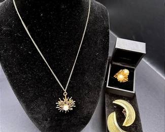 Faux Double-Pearl Cocktail Ring, Convertible Sunburst Pendant/Brooch & Crescent Clip-On Earrings