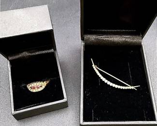 14k Gold Crescent Moon Brooch With Seed Pearls And 14k Gold Ring With Pearl And Red Stones