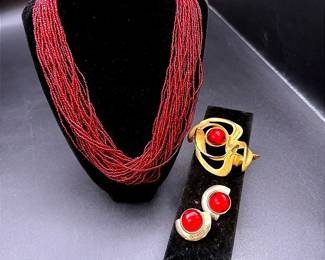 Free-Form Abstract Brooch And Clip-On Earrings With Red Cabochons & Multi-Strand Red Beaded Necklace