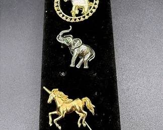 Sterling Silver Danecraft Elephant Brooch, Gerry’s Elephant Brooch & Gold-toned Unicorn Stick Pin