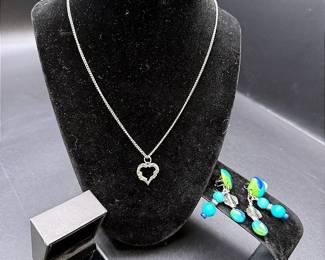 Sterling Silver Turquoise Colored Stone Ring, Bright Color Clip On Earrings & Vintage Heart Necklace