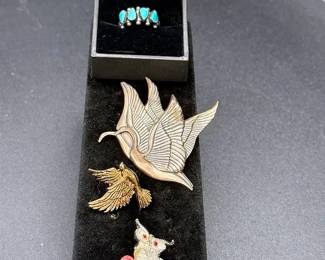 Bird Brooches And Sterling Silver Turquoise Colored Stone Ring