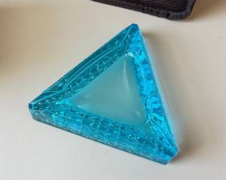 Vintage Blue Glass Triangular Ashtray