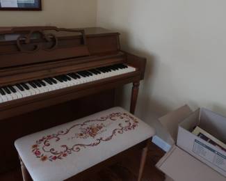 wurlitzer piano and needlepoint bench