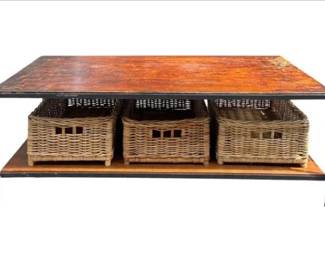 Mid Century Console With Wooden Top, Metal Frame And 3 Baskets