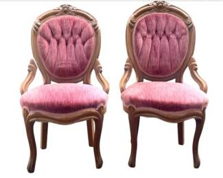 Pair Of Victorian Walnut Back Parlor Chairs With Velvet Upholstery