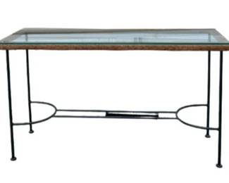Vintage Rectangular Glass Top Console Table With Woven Rattan Frame