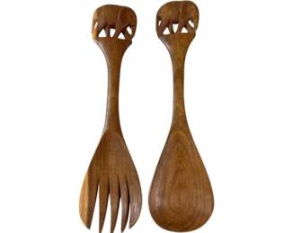 Vintage Hand-Carved Wooden Elephant Salad Spoon And Fork Set