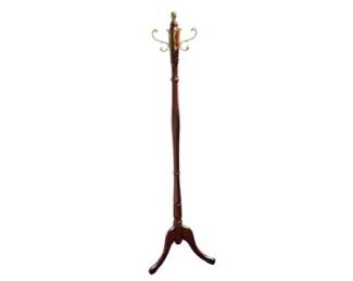 Traditional Wooden Coat Tree With Brass Finials And Hooks