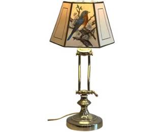 Vintage Brass Swing Arm Table Lamp With Bird Print Hexagonal Shade