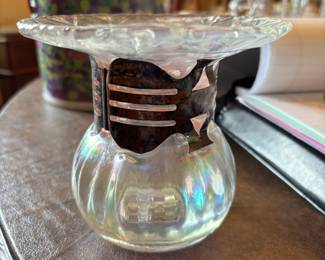 Iridescent Vase with Brutalist metal collar