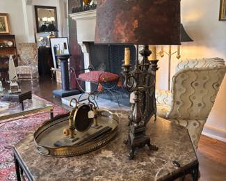 Silverplate Candelabra Lamp, Hexagonal Marble and Wrought Iron Center Table