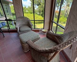Stained Wicker Lounge chairs and ottoman