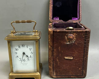 Lot 21: Brass Carriage Clock W/ Leather Case for Tilden Turber Providence RI