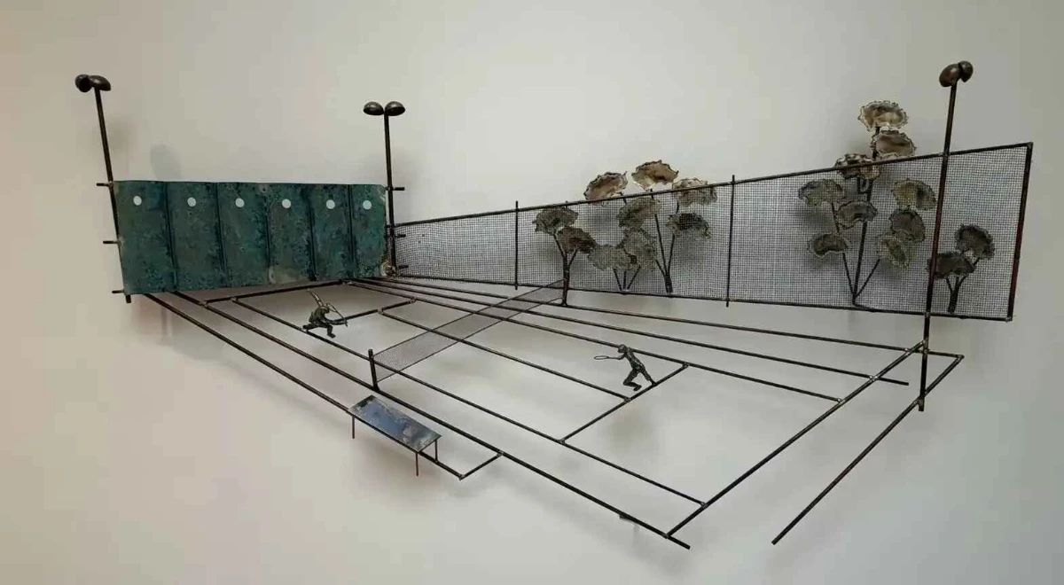 BO119Vvintage Curtis Jer midcentury modern tennis court metal wall sculpture