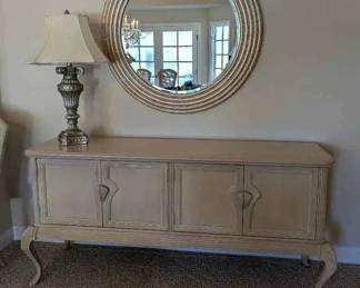 BO174French Provincial Style Cream Painted Buffet Cabinet, Mirror And Silver Toned Table Lamp