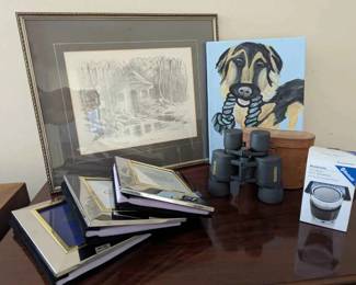 BO239Vintage Engraved Print, Photo Albums, Binoculars And More