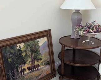 BO214Framed Western Landscape Oil Painting With Horses, Tiered Side Table, Lamp And More