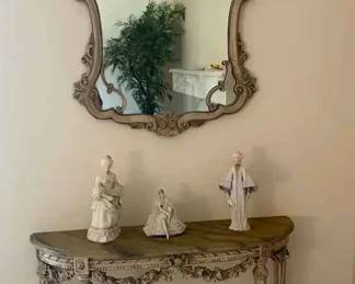 BO211French Louis XV Console Table And Matching Wall Mirror With Porcelain Sculptures