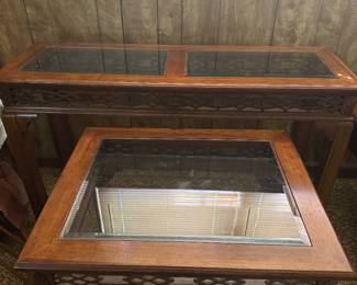 Beautiful Chinese Chippendale Glass insert End Tables and Sofa Table