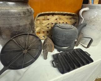 Vintage Luggage and Cast Iron/ Butter Churns