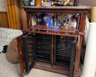 Cherry Wood & Marble Top Electric Wine Chiller Refrigerator in open postion Works 