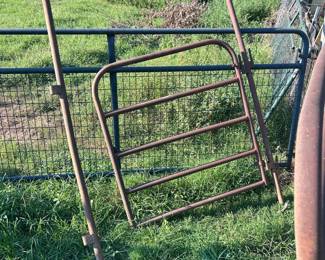 Steel Walk-Through Livestock Gate with Arch Top This steel walk-through livestock gate features five horizontal bars, an arched top frame, hinge hardware on one side, and a chain latch closure. The gate shows surface rust throughout consistent with years of outdoor use in a pasture setting, with wire mesh fencing panels visible behind it. Walk-through corral gates with arch tops are a standard fixture for cattle and horse operations, providing easy handler access without opening a full panel. Sold as found — confirm measurements in person.