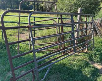 Steel Livestock Corral Panels Lot This lot includes multiple steel tube livestock corral panels with six horizontal bars each, standing at standard corral height. The heavy-gauge steel panels show surface rust consistent with outdoor pasture use but remain straight and structurally solid. Steel livestock corral panels are a staple for cattle pens, horse corrals, and rotational grazing setups, and this lot provides enough panels to build or extend a working pen. Confirm exact panel count and lengths in person.