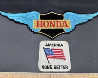 Vintage novelty patches. Honda blue wing motorcycle.