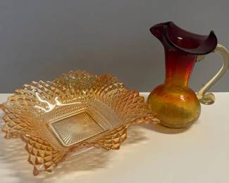 Carnival Glass Candy Dish  Crackle Glass Pitcher