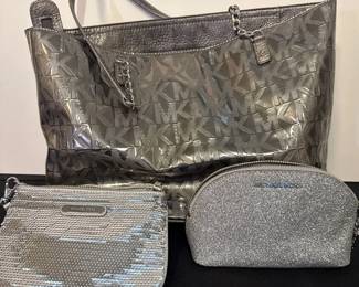 Michael Kors Tote Bag Sequin Clutch and Wristlet  Silver Glitter Makeup Bag