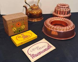 Copper Teapot And Jello Molds With Recipe Cards