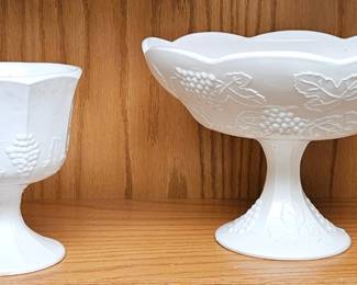 Milk glass pedestal bowl and Harvest Grape bowl